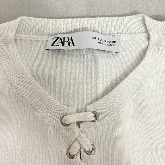 ZARA Lace Up Front Sleeveless Ribbed Knit Crop Top Small White - Picture 2 of 5